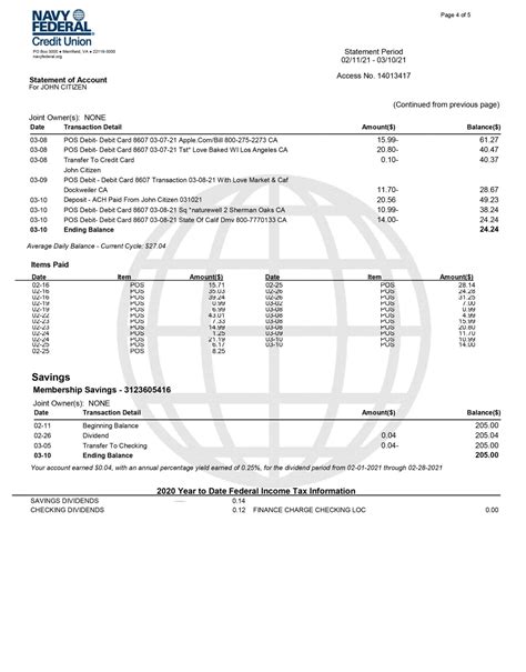 Printable Navy Federal Bank Statement Template